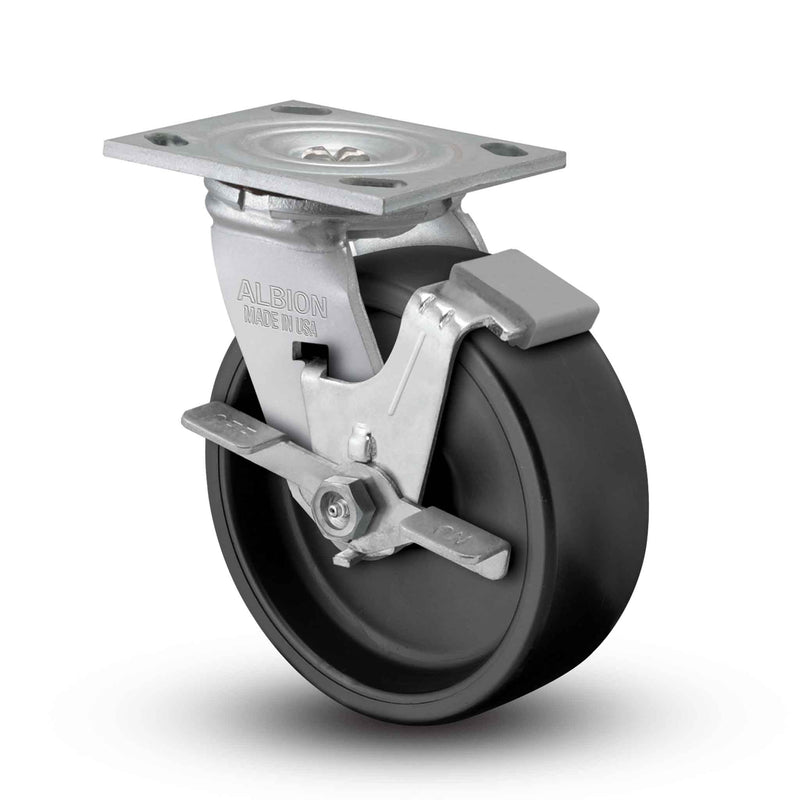 Main view of an Albion Casters 5" x 2" wide wheel Swivel caster with 4" x 4-1/2" top plate, with a side locking brake, PB - Polypropylene (Black) wheel and 650 lb. capacity part