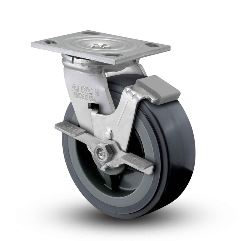 Main view of an Albion Casters 4" x 2" wide wheel Swivel caster with 4" x 4-1/2" top plate, with a side locking brake, XA - Polyurethane (Polypropylene Core) wheel and 600 lb. capacity part