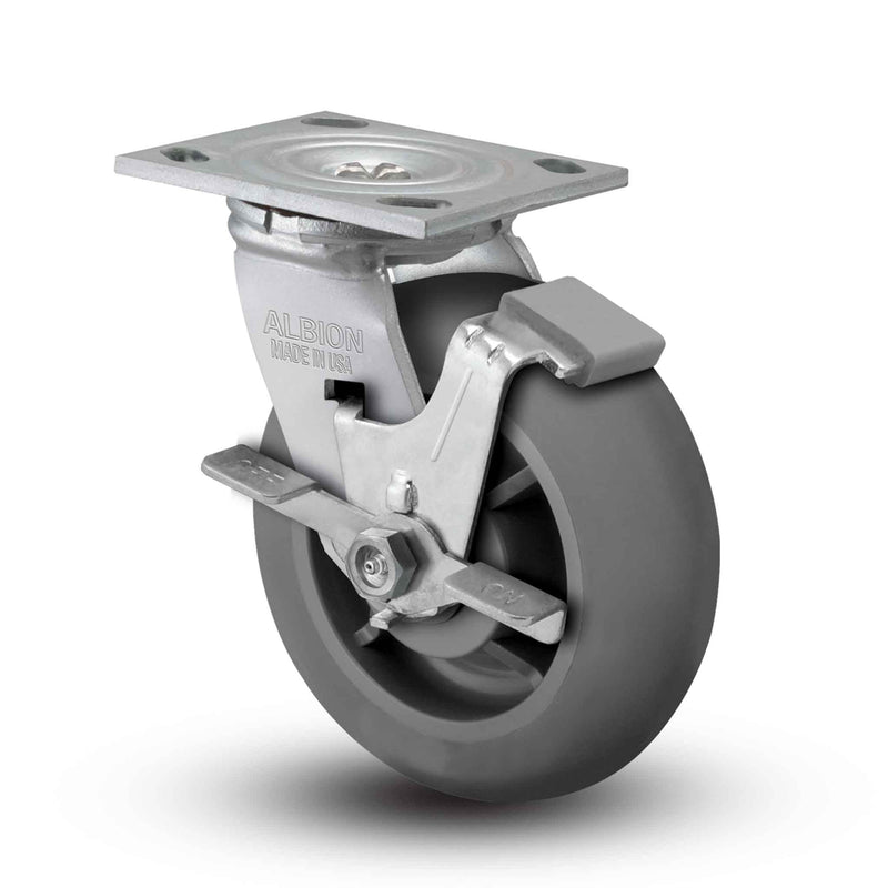 Main view of an Albion Casters 6" x 2" wide wheel Swivel caster with 4" x 4-1/2" top plate, with a side locking brake, XR - X-tra Soft Rubber (Round) wheel and 450 lb. capacity part