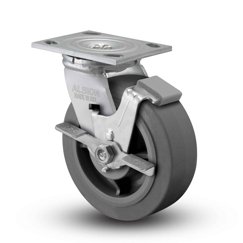 Main view of an Albion Casters 6" x 2" wide wheel Swivel caster with 4" x 4-1/2" top plate, with a side locking brake, XS - X-tra Soft Rubber (Flat) wheel and 600 lb. capacity part
