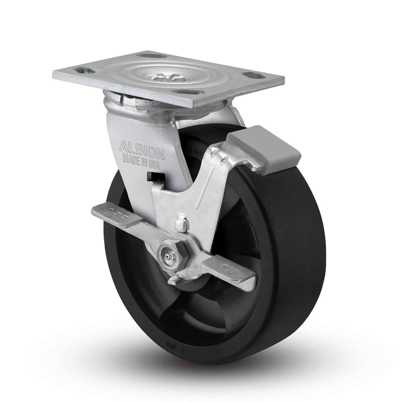 Main view of an Albion Casters 6" x 2" wide wheel Swivel caster with 4" x 4-1/2" top plate, with a side locking brake, RT - Glass-Filled Polypropylene wheel and 1200 lb. capacity part