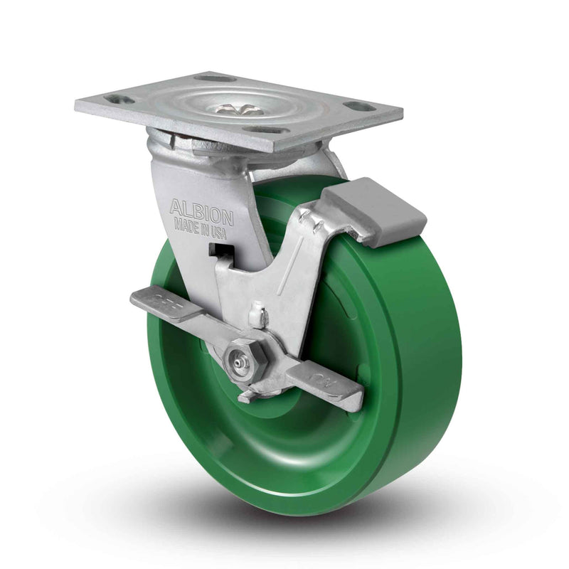Main view of an Albion Casters 5" x 2" wide wheel Swivel caster with 4" x 4-1/2" top plate, with a side locking brake, XI - X-treme Solid Polyurethane wheel and 1000 lb. capacity part