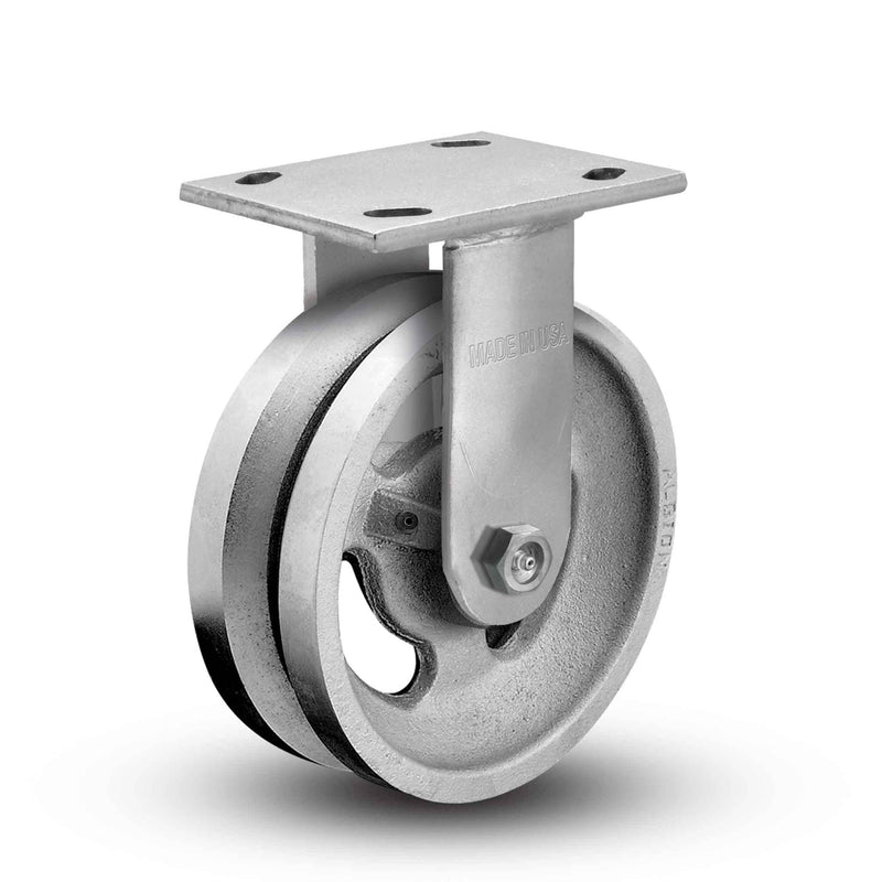 Main view of an Albion Casters 6" x 2" wide wheel Rigid caster with 4" x 4-1/2" top plate, without a brake, VG - Cast Iron V-Groove wheel and 1000 lb. capacity part