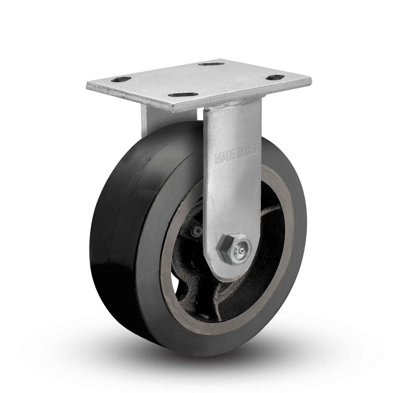 Main view of an Albion Casters 6" x 2" wide wheel Rigid caster with 4" x 4-1/2" top plate, without a brake, MR - Moldon Rubber (Cast Iron Core) wheel and 500 lb. capacity part