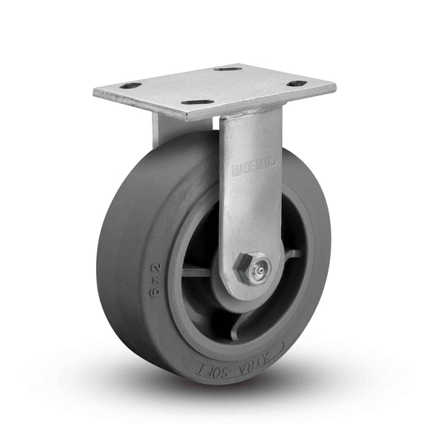 Main view of an Albion Casters 6" x 2" wide wheel Rigid caster with 4" x 4-1/2" top plate, without a brake, XS - X-tra Soft Rubber (Flat) wheel and 600 lb. capacity part# 16XS06228R