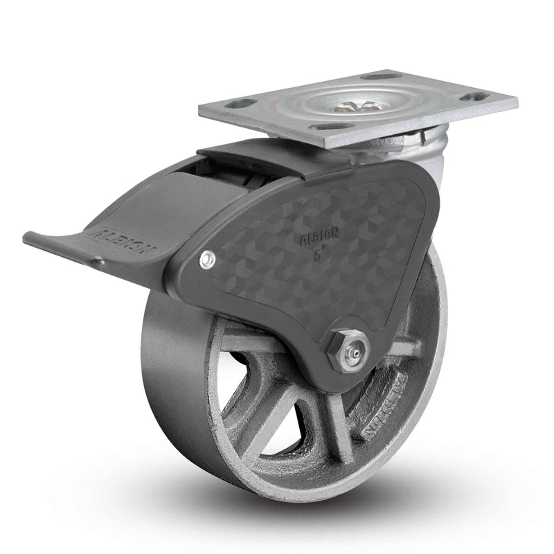 Main view of an Albion Casters 4" x 2" wide wheel Swivel caster with 4" x 4-1/2" top plate, with a top total locking brake, CA - Cast Iron wheel and 800 lb. capacity part