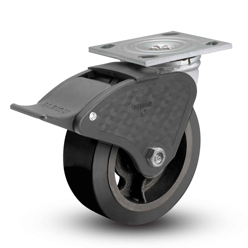 Main view of an Albion Casters 8" x 2" wide wheel Swivel caster with 4" x 4-1/2" top plate, with a top total locking brake, MR - Moldon Rubber (Cast Iron Core) wheel and 600 lb. capacity part