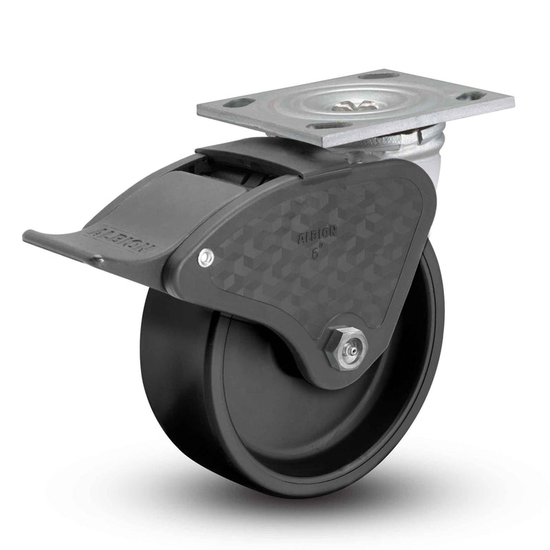 Main view of an Albion Casters 5" x 2" wide wheel Swivel caster with 4" x 4-1/2" top plate, with a top total locking brake, PB - Polypropylene (Black) wheel and 650 lb. capacity part