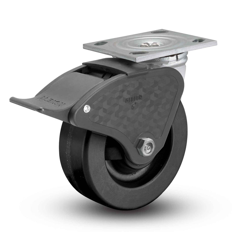 Main view of an Albion Casters 4" x 2" wide wheel Swivel caster with 4" x 4-1/2" top plate, with a top total locking brake, TM - Phenolic wheel and 800 lb. capacity part