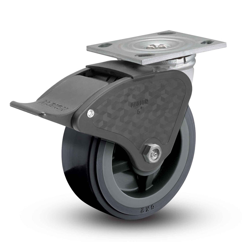 Main view of an Albion Casters 5" x 2" wide wheel Swivel caster with 4" x 4-1/2" top plate, with a top total locking brake, XA - Polyurethane (Polypropylene Core) wheel and 750 lb. capacity part