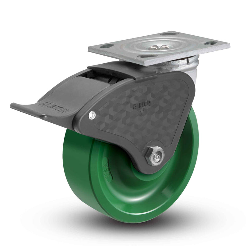 Main view of an Albion Casters 4" x 2" wide wheel Swivel caster with 4" x 4-1/2" top plate, with a top total locking brake, XI - X-treme Solid Polyurethane wheel and 1000 lb. capacity part