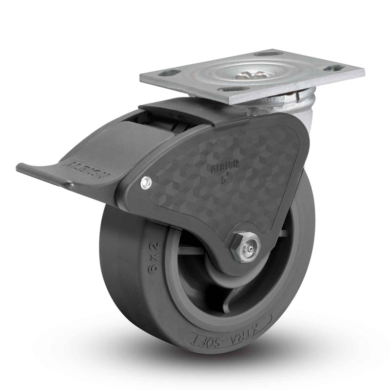 Main view of an Albion Casters 5" x 2" wide wheel Swivel caster with 4" x 4-1/2" top plate, with a top total locking brake, XS - X-tra Soft Rubber (Flat) wheel and 375 lb. capacity part