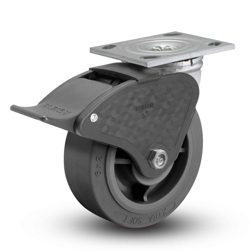 Main view of an Albion Casters 4" x 2" wide wheel Swivel caster with 4" x 4-1/2" top plate, with a top total locking brake, XS - X-tra Soft Rubber (Flat) wheel and 350 lb. capacity part