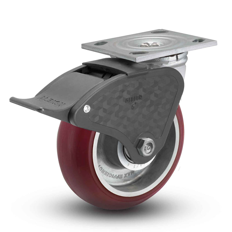 Main view of an Albion Casters 4" x 2" wide wheel Swivel caster with 4" x 4-1/2" top plate, with a top total locking brake, AX - Round Polyurethane (Aluminum Core) wheel and 700 lb. capacity part