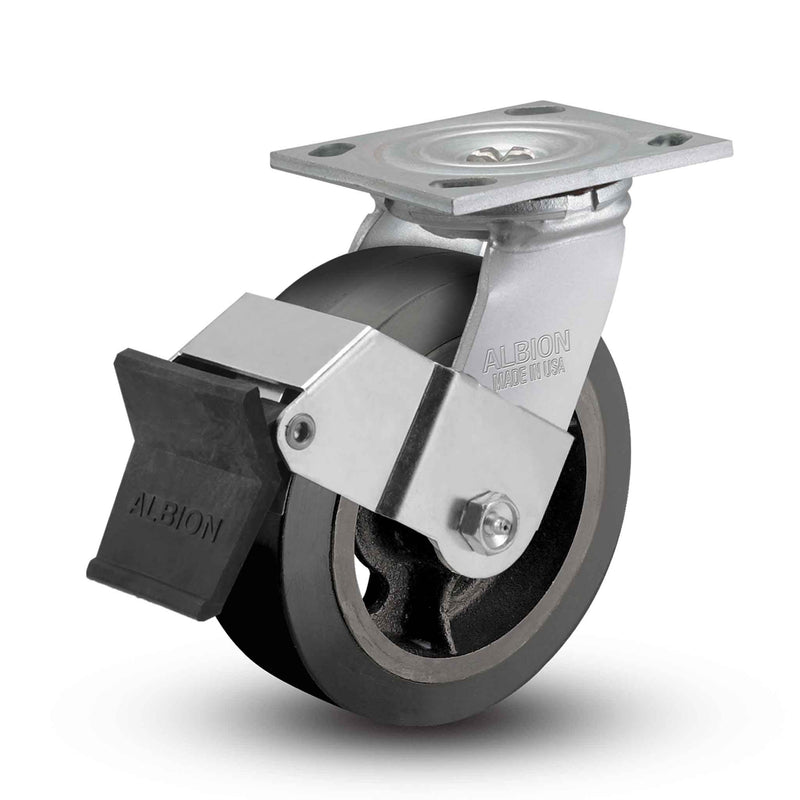 Main view of an Albion Casters 6" x 2" wide wheel Swivel caster with 4" x 4-1/2" top plate, with a top wheel lock brake, MR - Moldon Rubber (Cast Iron Core) wheel and 500 lb. capacity part
