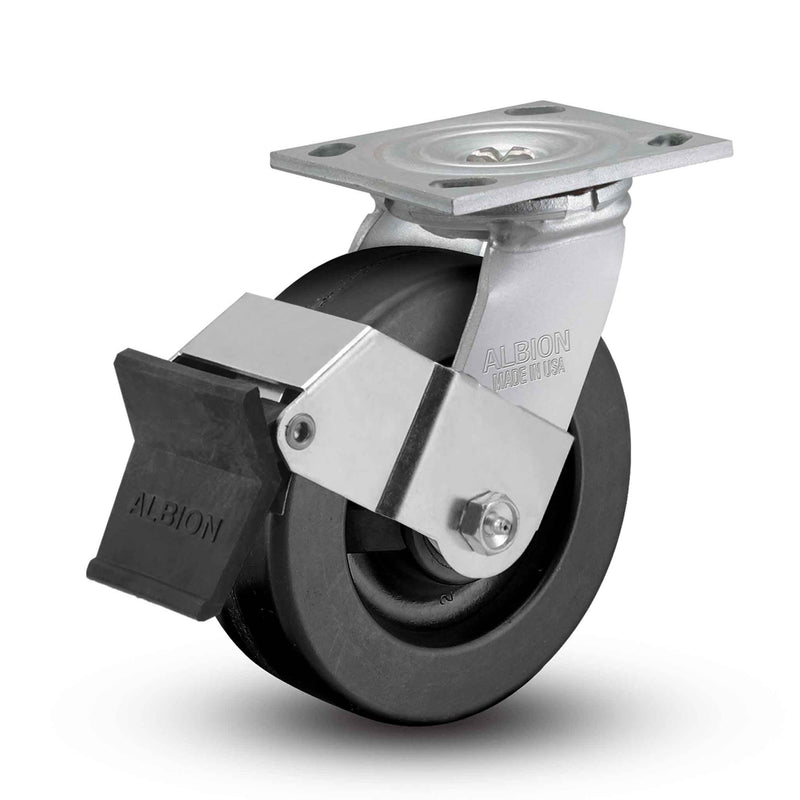 Main view of an Albion Casters 4" x 2" wide wheel Swivel caster with 4" x 4-1/2" top plate, with a top wheel lock brake, TM - Phenolic wheel and 800 lb. capacity part