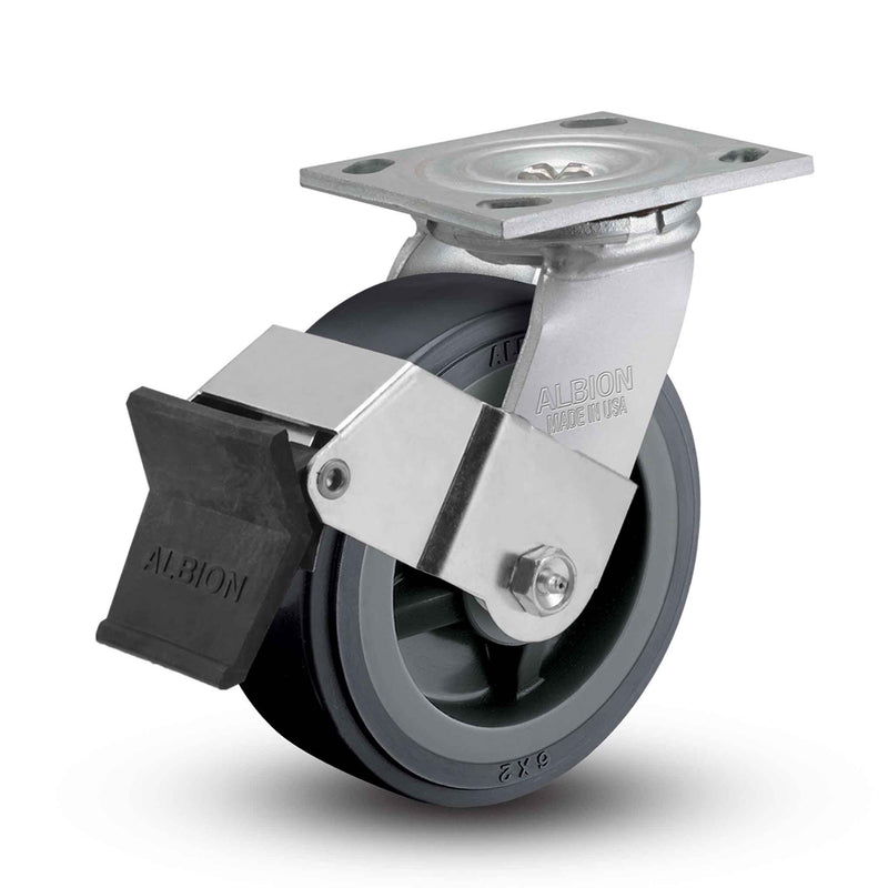 Main view of an Albion Casters 4" x 2" wide wheel Swivel caster with 4" x 4-1/2" top plate, with a top wheel lock brake, XA - Polyurethane (Polypropylene Core) wheel and 600 lb. capacity part