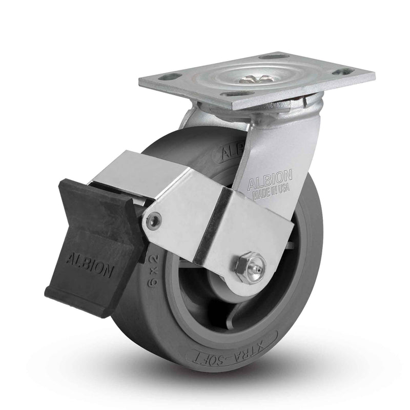 Main view of an Albion Casters 5" x 2" wide wheel Swivel caster with 4" x 4-1/2" top plate, with a top wheel lock brake, XS - X-tra Soft Rubber (Flat) wheel and 375 lb. capacity part