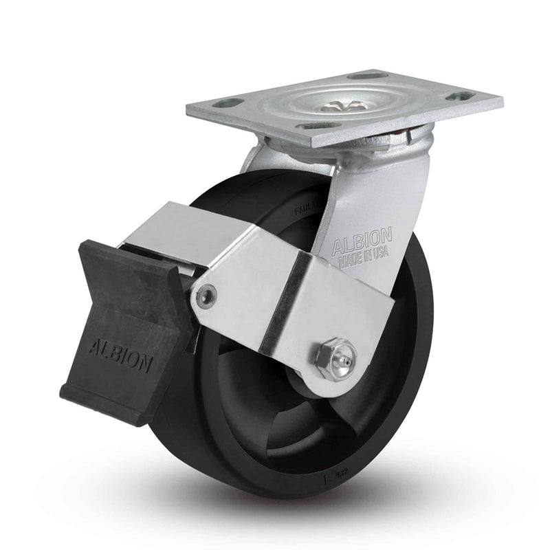 Main view of an Albion Casters 8" x 2" wide wheel Swivel caster with 4" x 4-1/2" top plate, with a top wheel lock brake, RT - Glass-Filled Polypropylene wheel and 1250 lb. capacity part