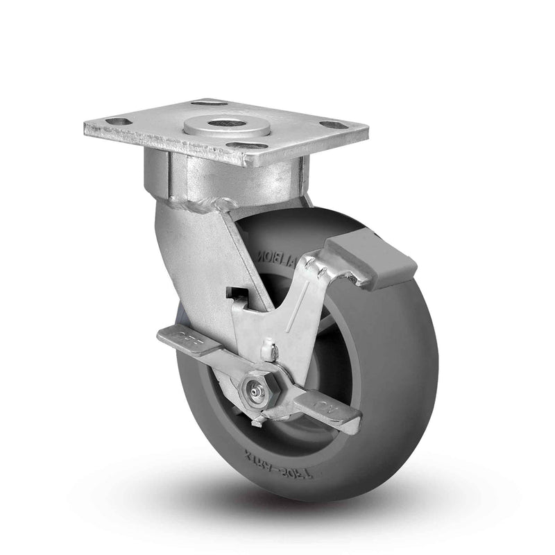 Main view of an Albion Casters 6" x 2" wide wheel Swivel caster with 4" x 4-1/2" top plate, with a side locking brake, XR - X-tra Soft Rubber (Round) wheel and 450 lb. capacity part