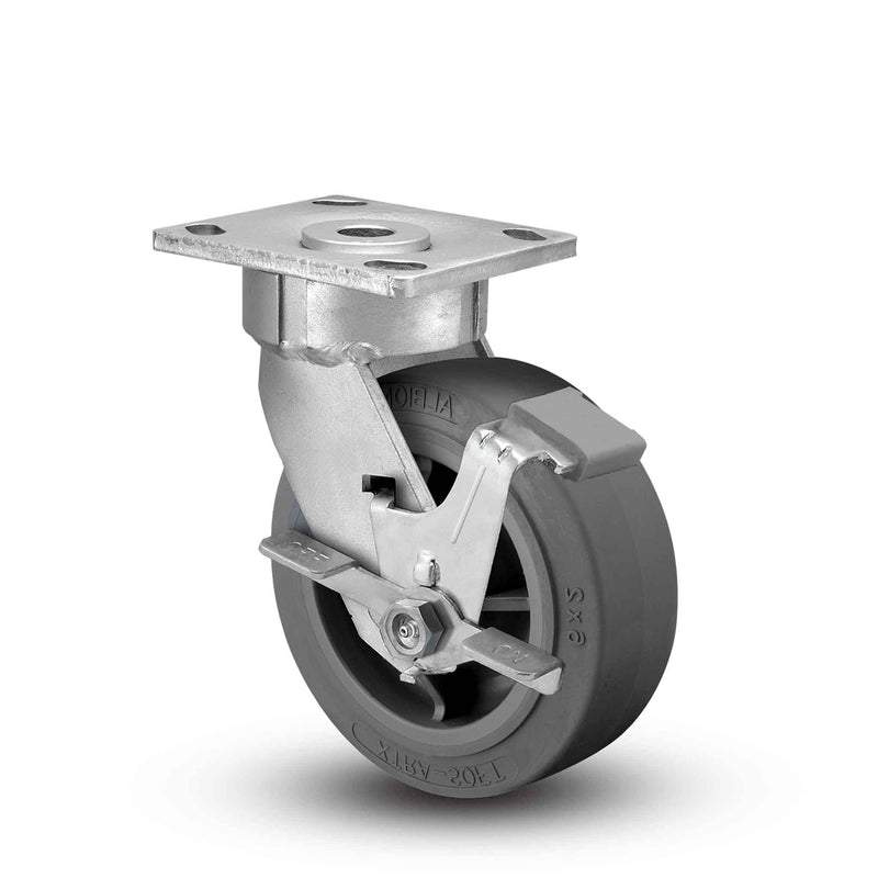 Main view of an Albion Casters 4" x 2" wide wheel Swivel caster with 4" x 4-1/2" top plate, with a side locking brake, XS - X-tra Soft Rubber (Flat) wheel and 350 lb. capacity part