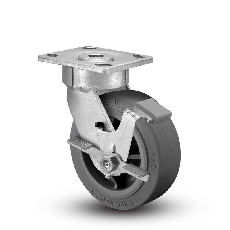 Main view of an Albion Casters 5" x 2" wide wheel Swivel caster with 4" x 4-1/2" top plate, with a side locking brake, XS - X-tra Soft Rubber (Flat) wheel and 375 lb. capacity part