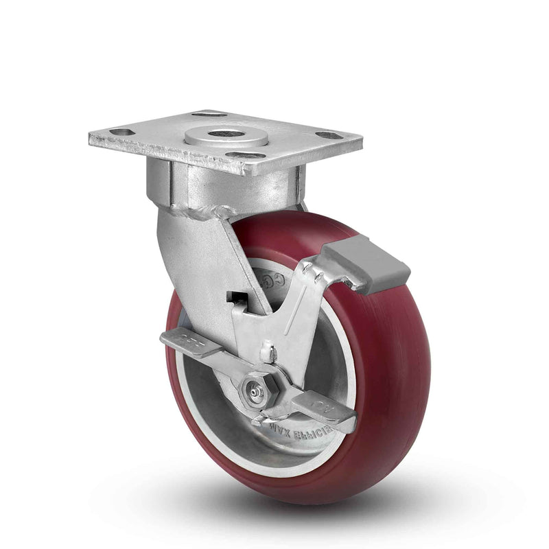 Main view of an Albion Casters 5" x 2" wide wheel Swivel caster with 4" x 4-1/2" top plate, with a side locking brake, AX - Round Polyurethane (Aluminum Core) wheel and 1000 lb. capacity part