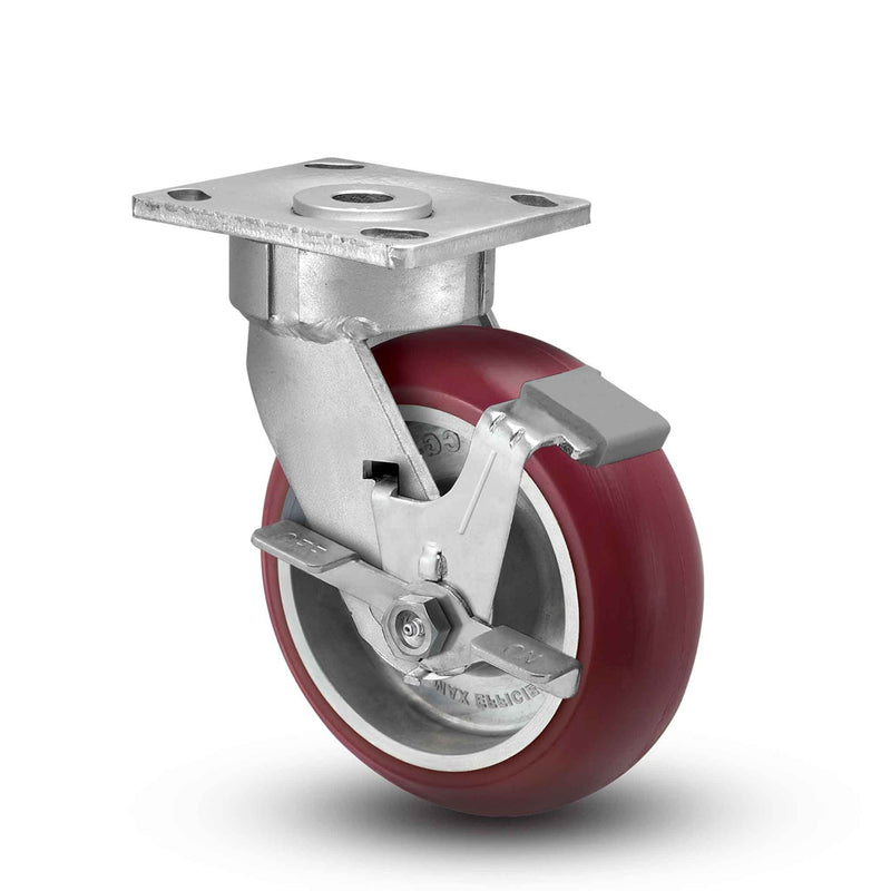 Main view of an Albion Casters 6" x 2" wide wheel Swivel caster with 4" x 4-1/2" top plate, with a side locking brake, AX - Round Polyurethane (Aluminum Core) wheel and 1250 lb. capacity part