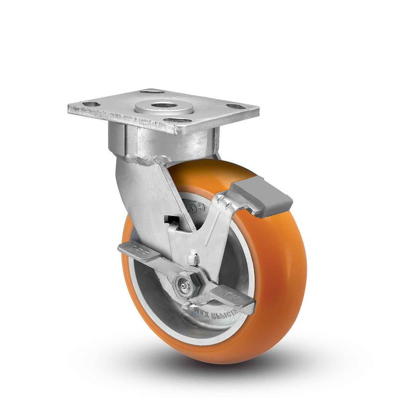 Main view of an Albion Casters 4" x 2" wide wheel Swivel caster with 4" x 4-1/2" top plate, with a side locking brake, AN - Round Polyurethane (Aluminum Core) wheel and 800 lb. capacity part