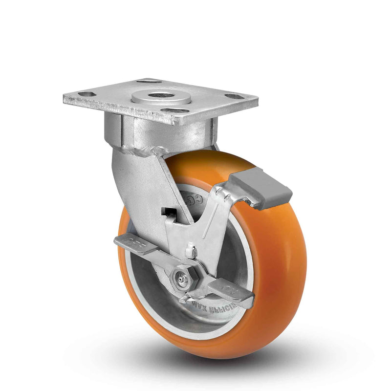 Main view of an Albion Casters 5" x 2" wide wheel Swivel caster with 4" x 4-1/2" top plate, with a side locking brake, AN - Round Polyurethane (Aluminum Core) wheel and 1000 lb. capacity part