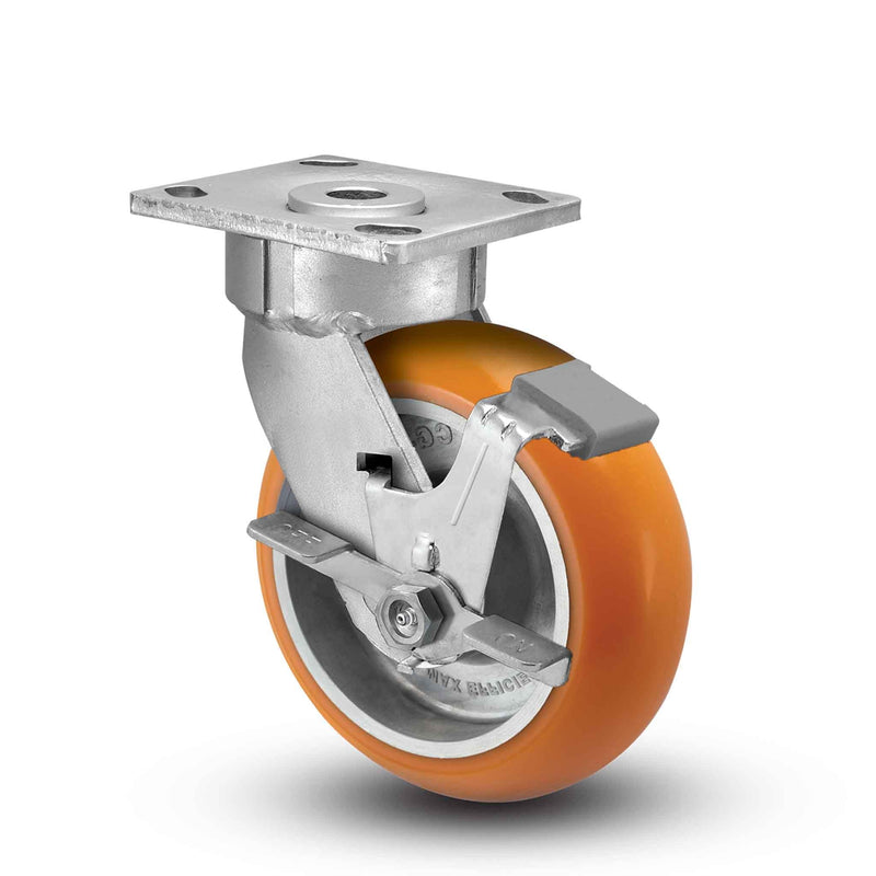 Main view of an Albion Casters 6" x 2" wide wheel Swivel caster with 4" x 4-1/2" top plate, with a side locking brake, AN - Round Polyurethane (Aluminum Core) wheel and 1250 lb. capacity part