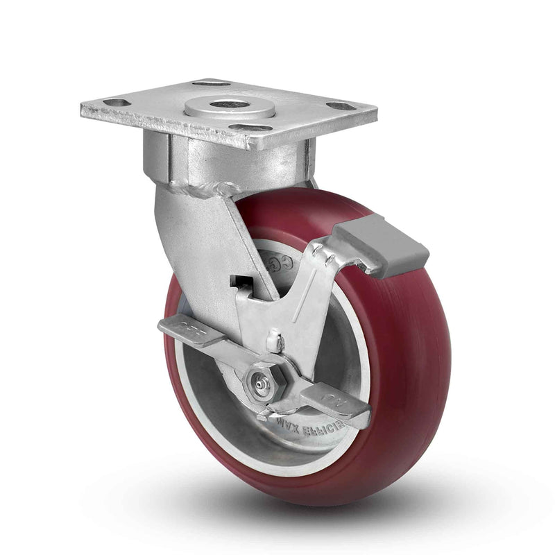 Main view of an Albion Casters 8" x 2" wide wheel Swivel caster with 4" x 4-1/2" top plate, with a side locking brake, AX - Round Polyurethane (Aluminum Core) wheel and 1250 lb. capacity part