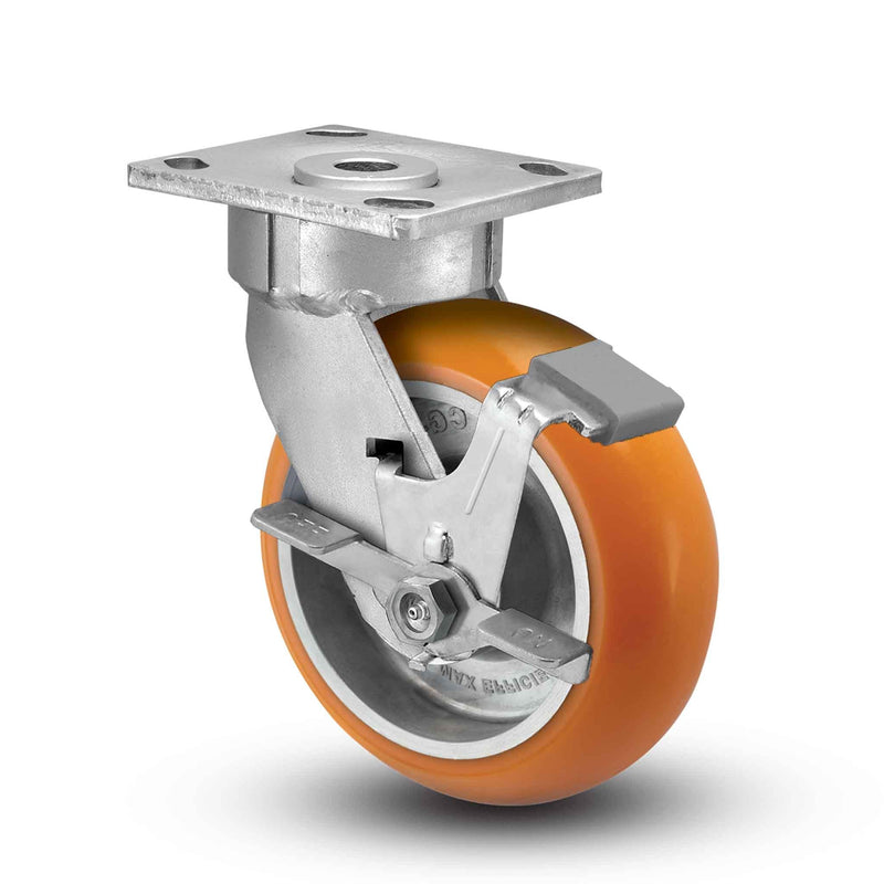 Main view of an Albion Casters 8" x 2" wide wheel Swivel caster with 4" x 4-1/2" top plate, with a side locking brake, AN - Round Polyurethane (Aluminum Core) wheel and 1250 lb. capacity part