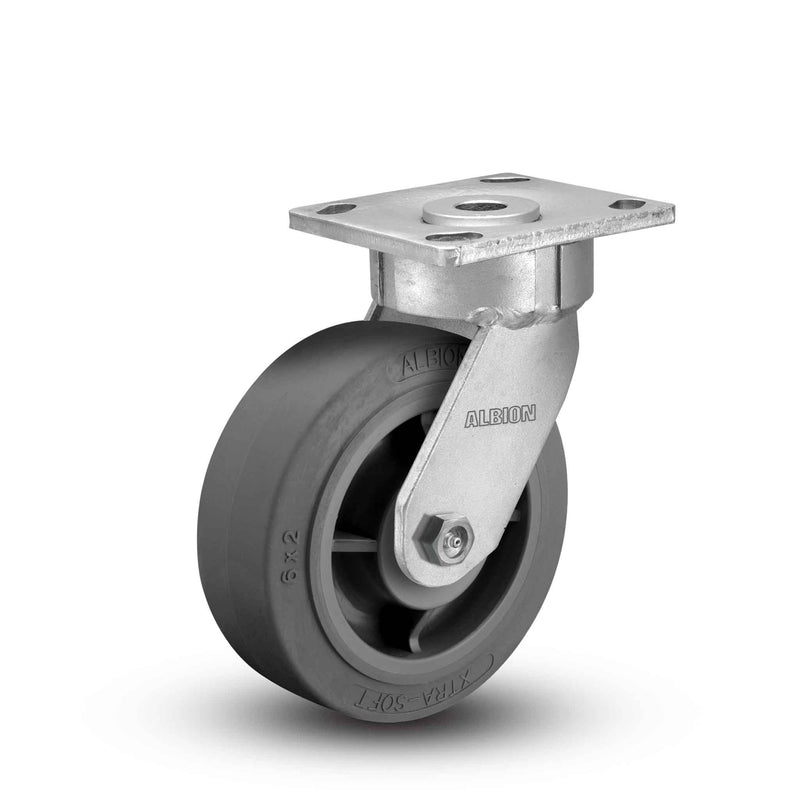 Main view of an Albion Casters 4" x 2" wide wheel Swivel caster with 4" x 4-1/2" top plate, without a brake, XS - X-tra Soft Rubber (Flat) wheel and 350 lb. capacity part