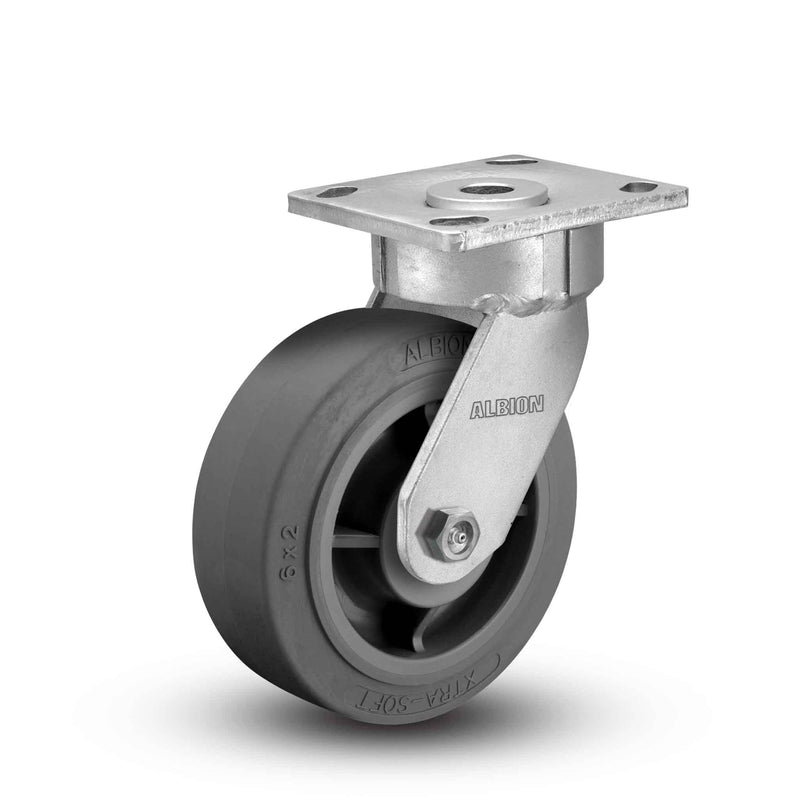 Main view of an Albion Casters 5" x 2" wide wheel Swivel caster with 4" x 4-1/2" top plate, without a brake, XS - X-tra Soft Rubber (Flat) wheel and 375 lb. capacity part