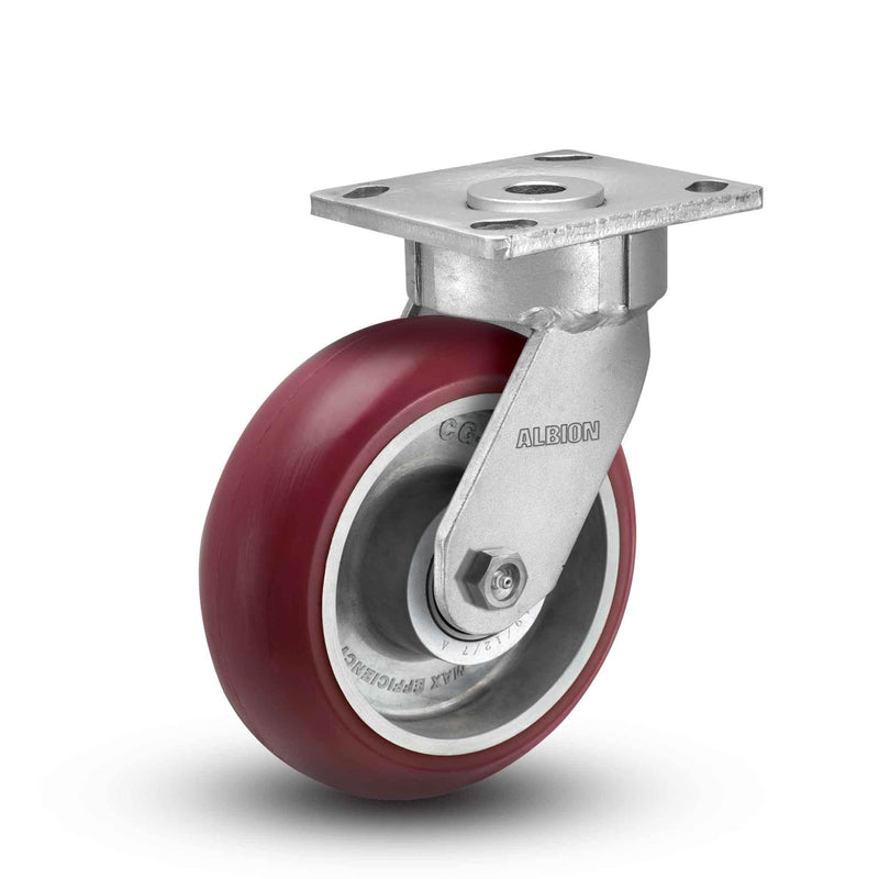 Main view of an Albion Casters 6" x 2" wide wheel Swivel caster with 4" x 4-1/2" top plate, without a brake, AX - Round Polyurethane (Aluminum Core) wheel and 1250 lb. capacity part