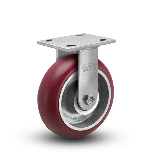 Main view of an Albion Casters 5" x 2" wide wheel Rigid caster with 4" x 4-1/2" top plate, without a brake, AX - Round Polyurethane (Aluminum Core) wheel and 1000 lb. capacity part# 18AX05228R