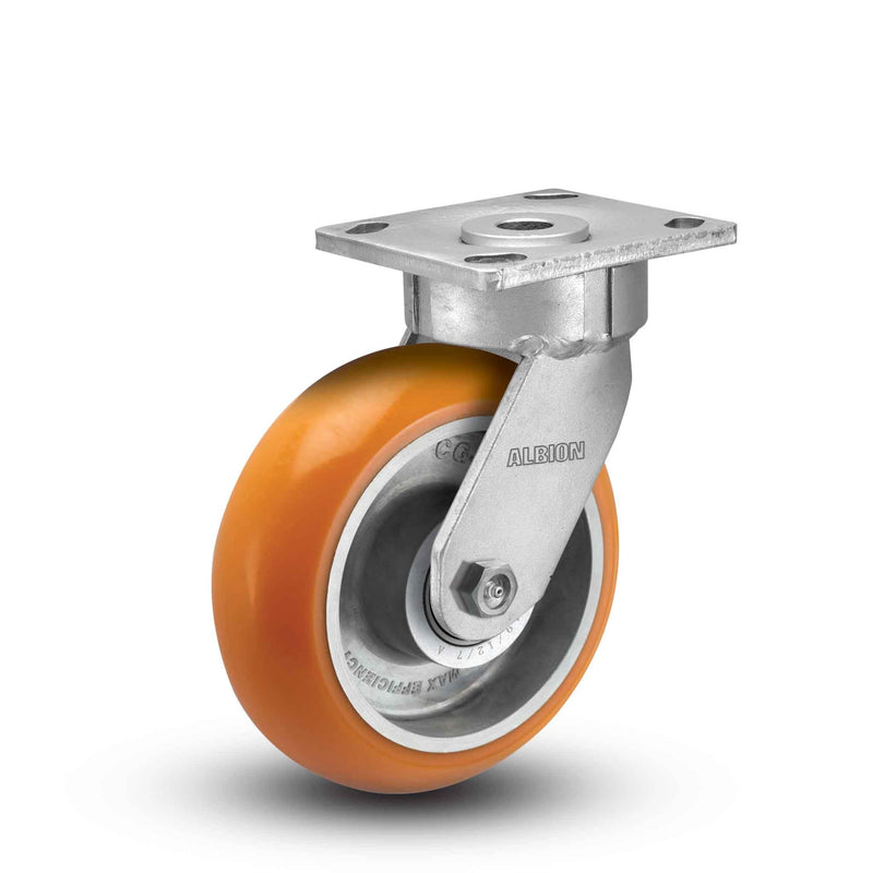 Main view of an Albion Casters 4" x 2" wide wheel Swivel caster with 4" x 4-1/2" top plate, without a brake, AN - Round Polyurethane (Aluminum Core) wheel and 800 lb. capacity part
