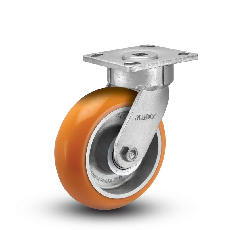 Main view of an Albion Casters 5" x 2" wide wheel Swivel caster with 4" x 4-1/2" top plate, without a brake, AN - Round Polyurethane (Aluminum Core) wheel and 1000 lb. capacity part