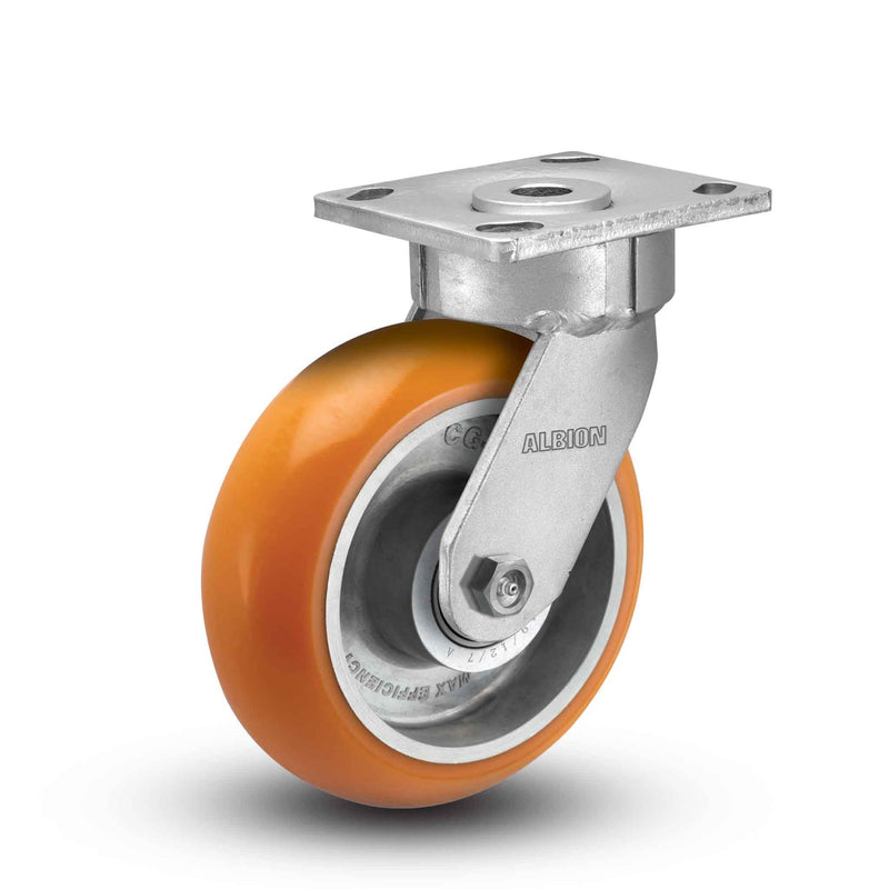 Main view of an Albion Casters 6" x 2" wide wheel Swivel caster with 4" x 4-1/2" top plate, without a brake, AN - Round Polyurethane (Aluminum Core) wheel and 1250 lb. capacity part