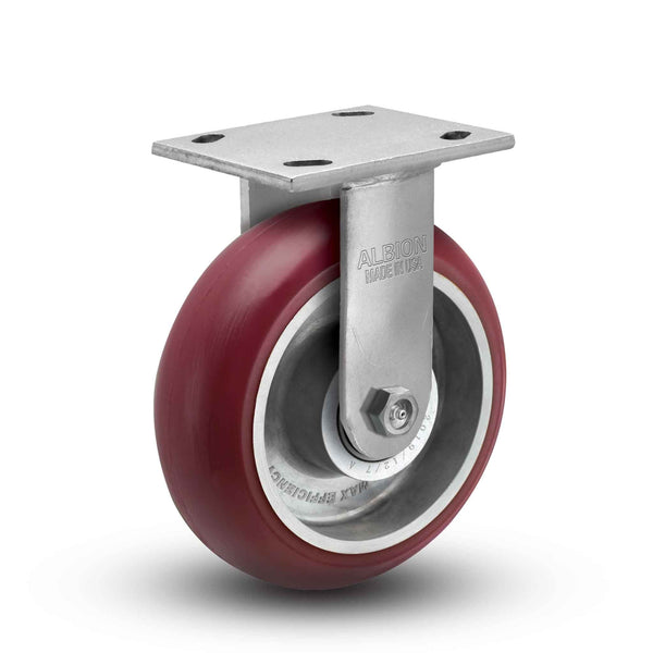 Main view of an Albion Casters 8" x 2" wide wheel Rigid caster with 4" x 4-1/2" top plate, without a brake, AX - Round Polyurethane (Aluminum Core) wheel and 1250 lb. capacity part# 18AX08228R
