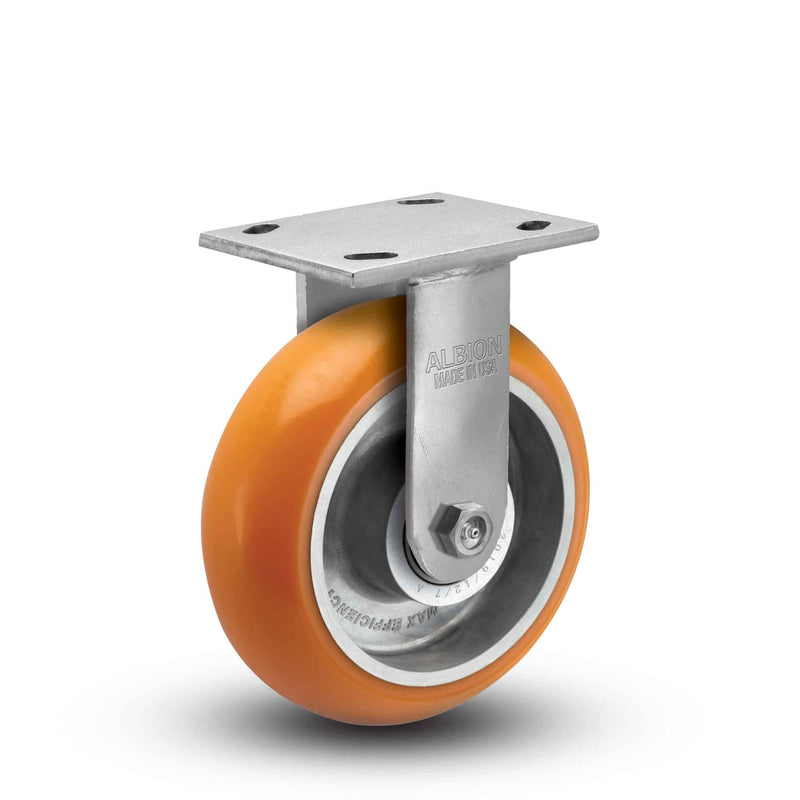 Main view of an Albion Casters 4" x 2" wide wheel Rigid caster with 4" x 4-1/2" top plate, without a brake, AN - Round Polyurethane (Aluminum Core) wheel and 800 lb. capacity part