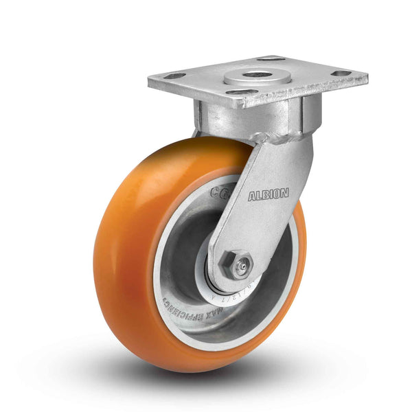 Main view of an Albion Casters 8" x 2" wide wheel Swivel caster with 4" x 4-1/2" top plate, without a brake, AN - Round Polyurethane (Aluminum Core) wheel and 1250 lb. capacity part# 18AN08228S