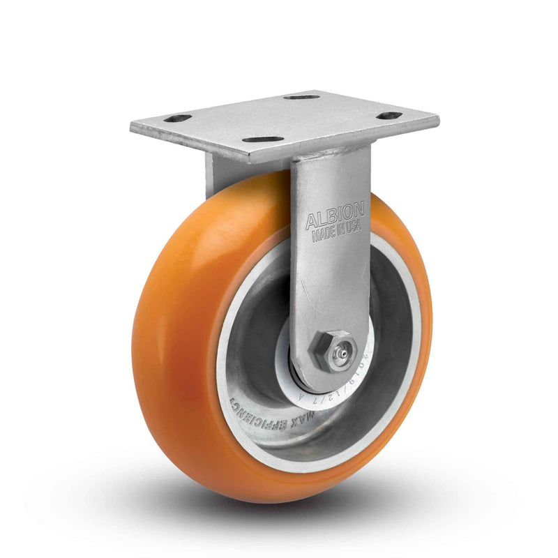 Main view of an Albion Casters 8" x 2" wide wheel Rigid caster with 4" x 4-1/2" top plate, without a brake, AN - Round Polyurethane (Aluminum Core) wheel and 1250 lb. capacity part