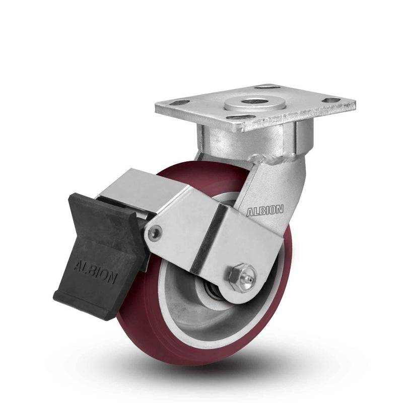 Main view of an Albion Casters 4" x 2" wide wheel Swivel caster with 4" x 4-1/2" top plate, with a top wheel lock brake, AX - Round Polyurethane (Aluminum Core) wheel and 800 lb. capacity part