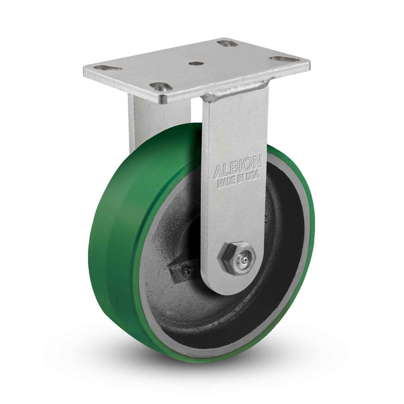 Main view of an Albion Casters 10" x 3" wide wheel Rigid caster with 6-1/4'' x 4-1/2'' top plate, without a brake, PY - Polyurethane (Cast Iron Core) wheel and 3000 lb. capacity part