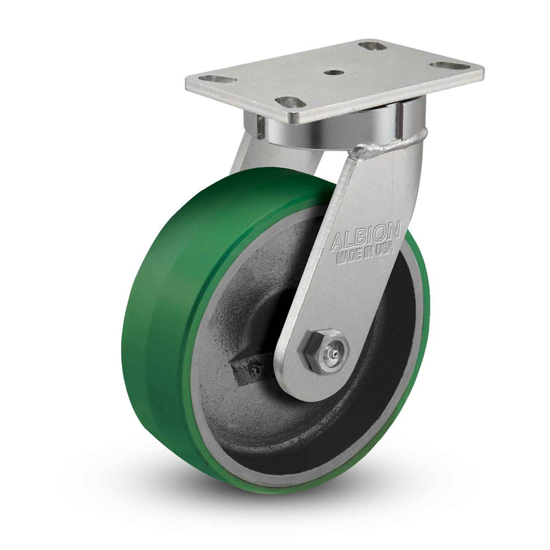 Main view of an Albion Casters 8" x 3" wide wheel Swivel caster with 6-1/4'' x 4-1/2'' top plate, without a brake, PY - Polyurethane (Cast Iron Core) wheel and 2500 lb. capacity part