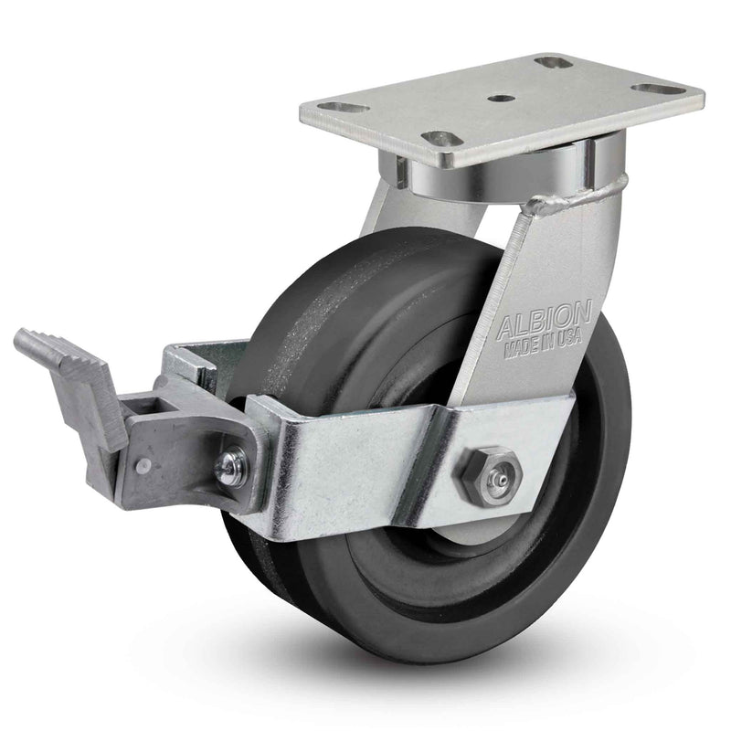 Main view of an Albion Casters 10" x 3" wide wheel Swivel caster with 6-1/4'' x 4-1/2'' top plate, with a top wheel lock brake, TM - Phenolic wheel and 2900 lb. capacity part