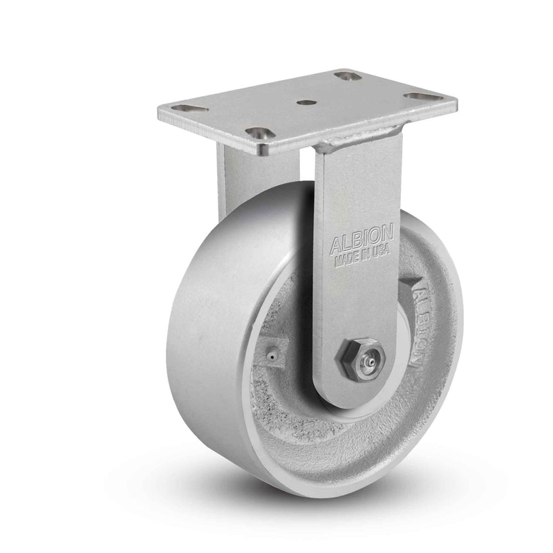 Main view of an Albion Casters 8" x 3" wide wheel Rigid caster with 6-1/4'' x 4-1/2'' top plate, without a brake, CA - Cast Iron wheel and 2800 lb. capacity part