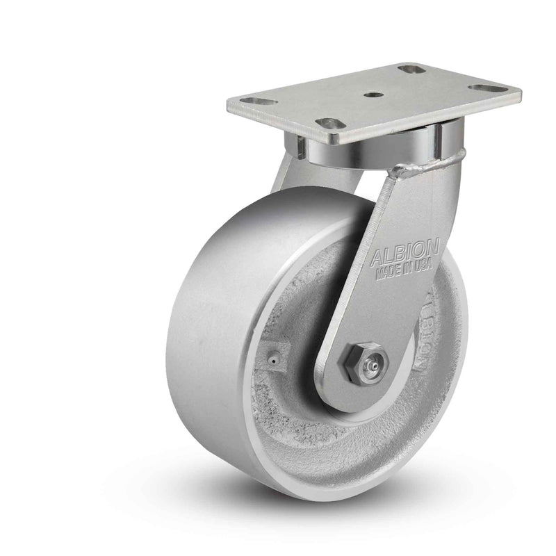 Main view of an Albion Casters 8" x 3" wide wheel Swivel caster with 6-1/4'' x 4-1/2'' top plate, without a brake, CA - Cast Iron wheel and 2800 lb. capacity part